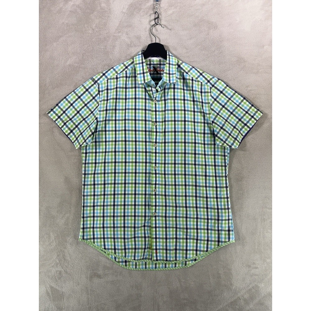 Robert Graham Button Down Shirt Mens Large White Green Plaid Check Cotton Casual